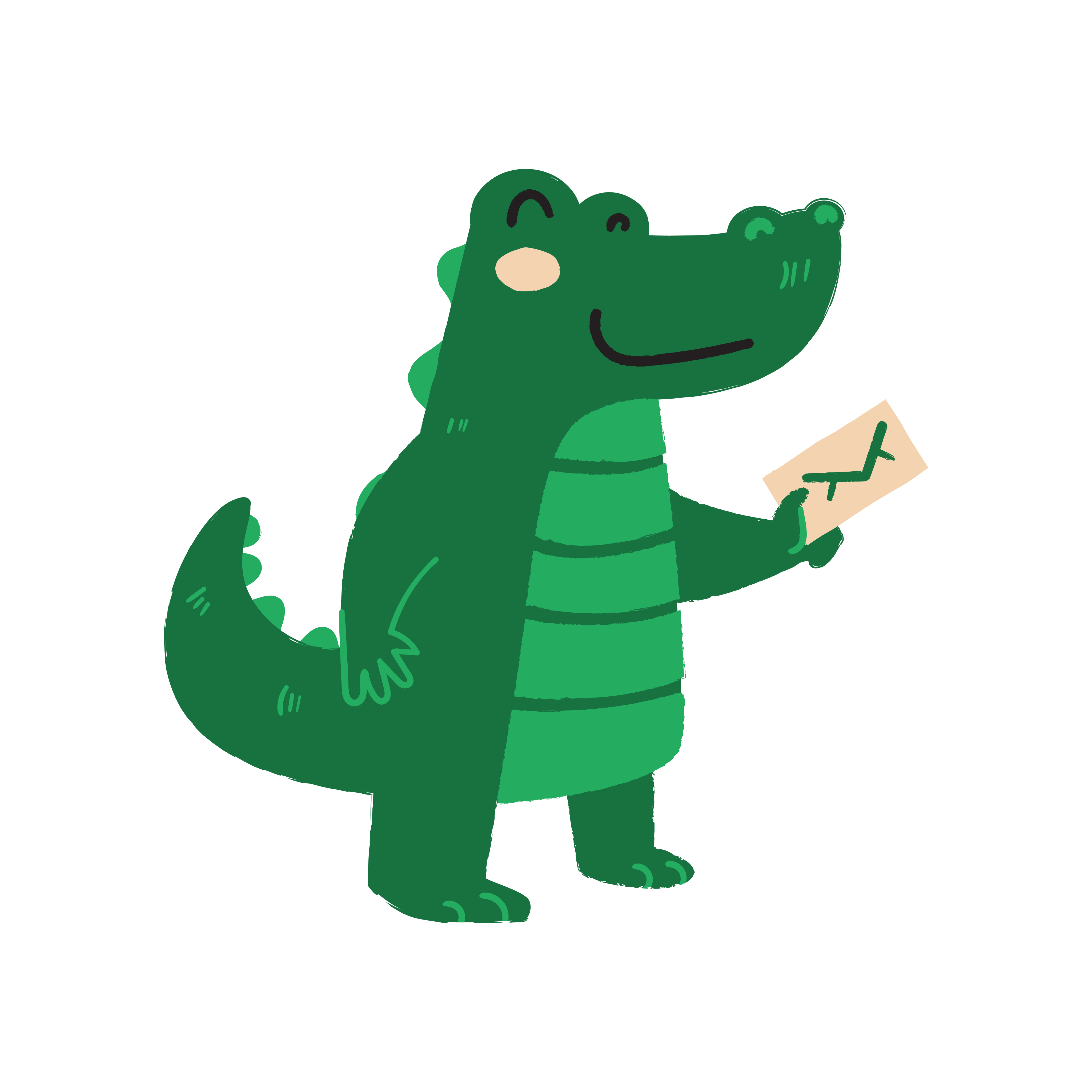 Graphic of an aligator holding a letter.